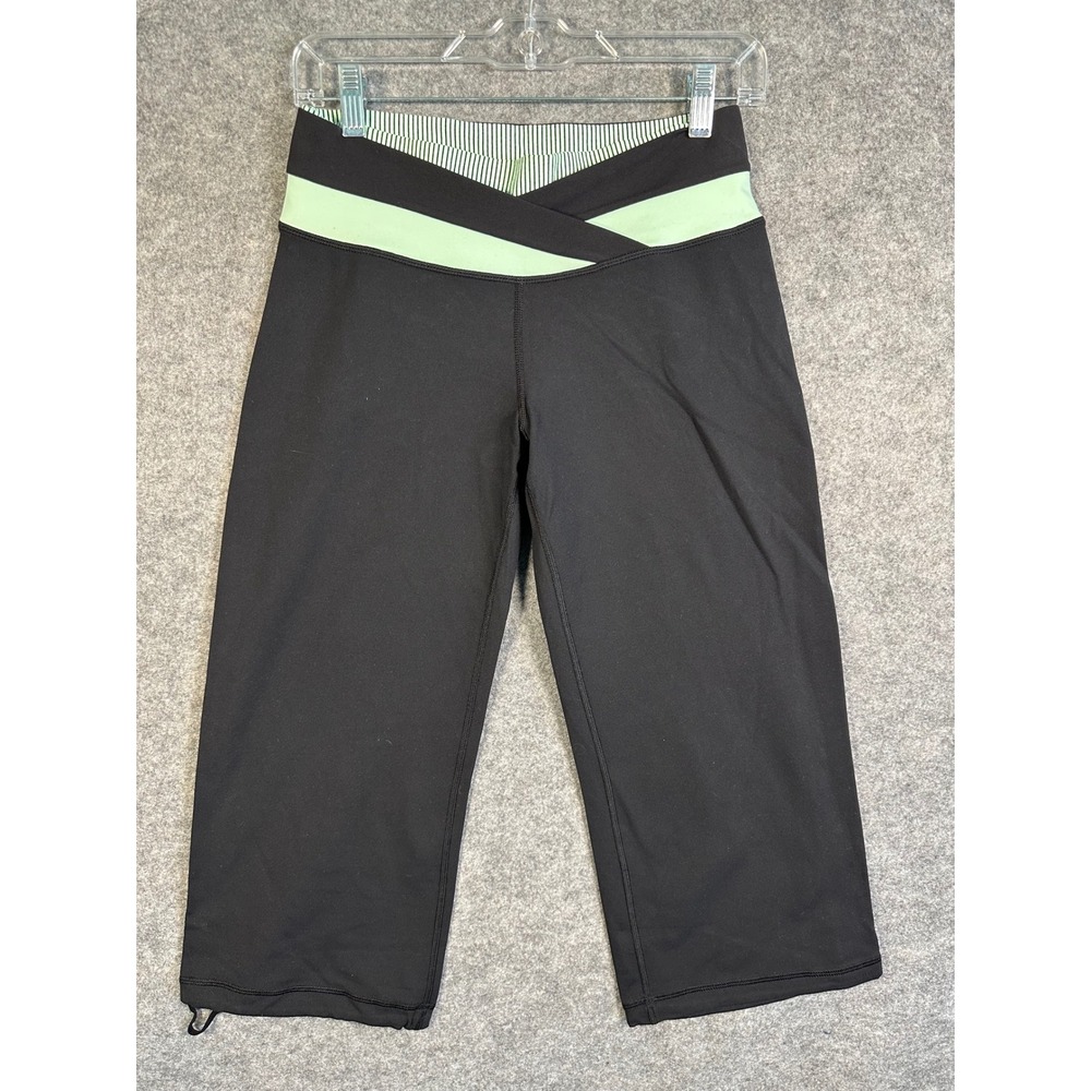 Lululemon Black Mint Green Crossover Waist Cropped Yoga Pants S: 6 Zipper Pocket